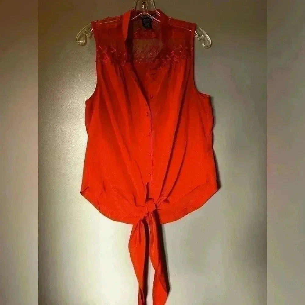 Coral Colored Sheer Lacy Blouse. Size M. Simply Irresistible. Tie Waist.